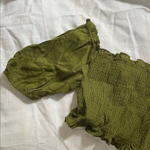 NWOT Boden Olive Green Linen Smocked Off-Shoulder Puff Sleeve Top | Cottagecore